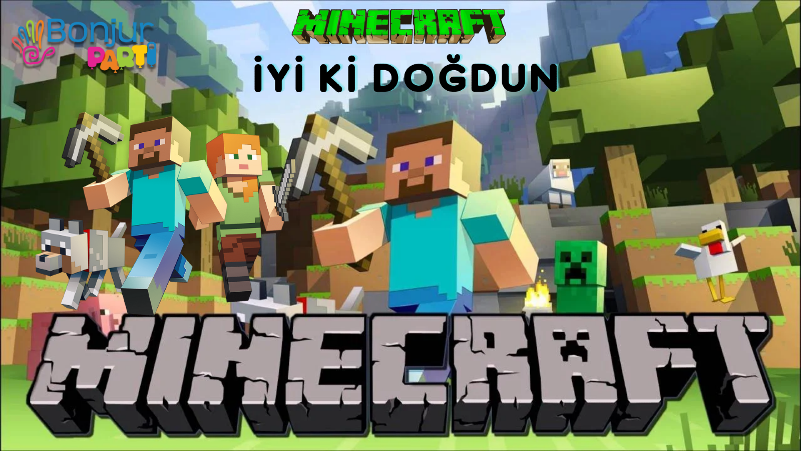 Minecraft themed birthday screen design at Bonjur Party House