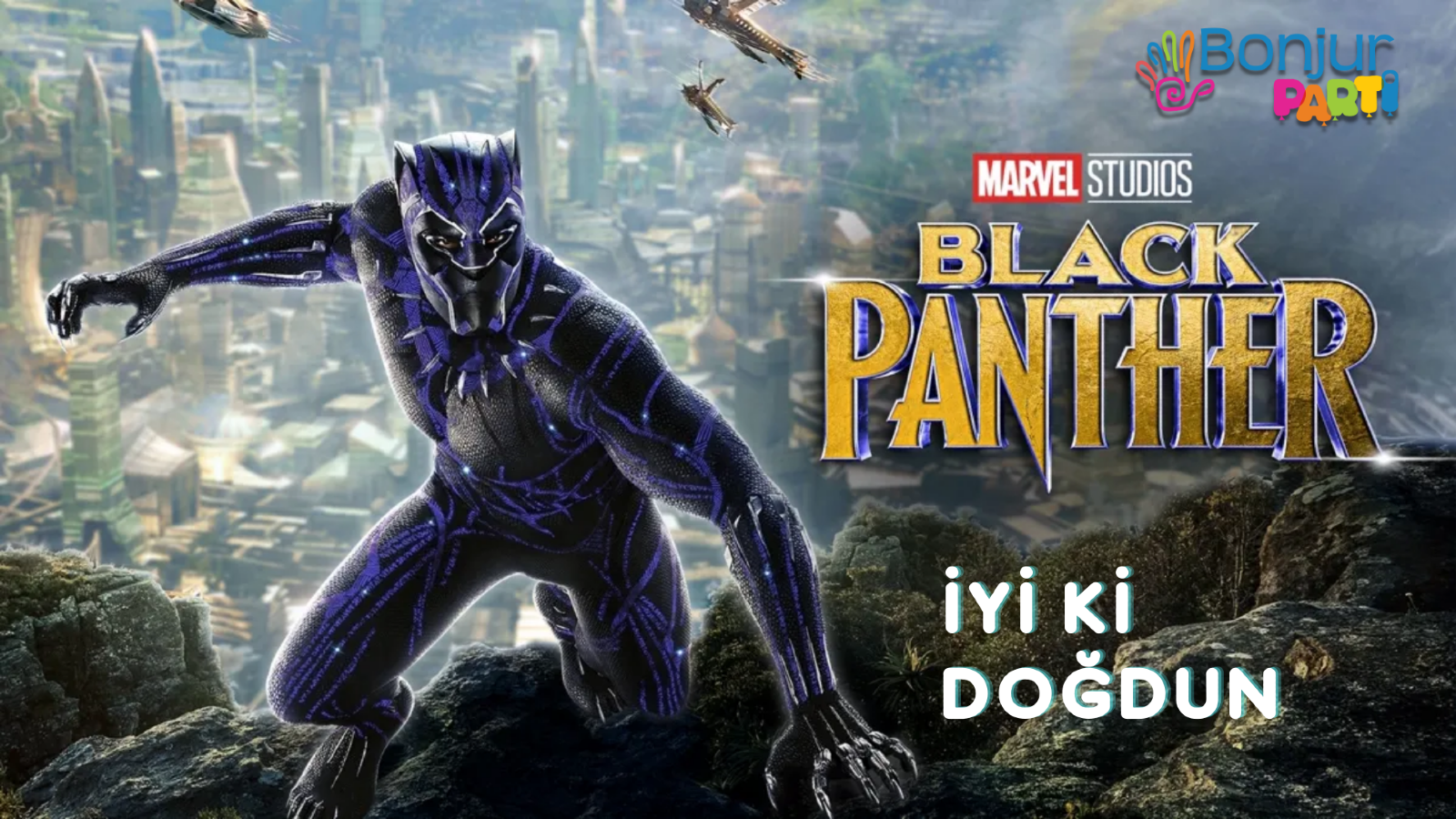 Black Panther superhero themed birthday screen design at Bonjur Party House