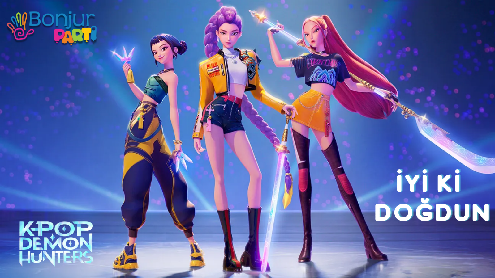 K-Pop Demon Hunters themed birthday screen design at Bonjur Party House
